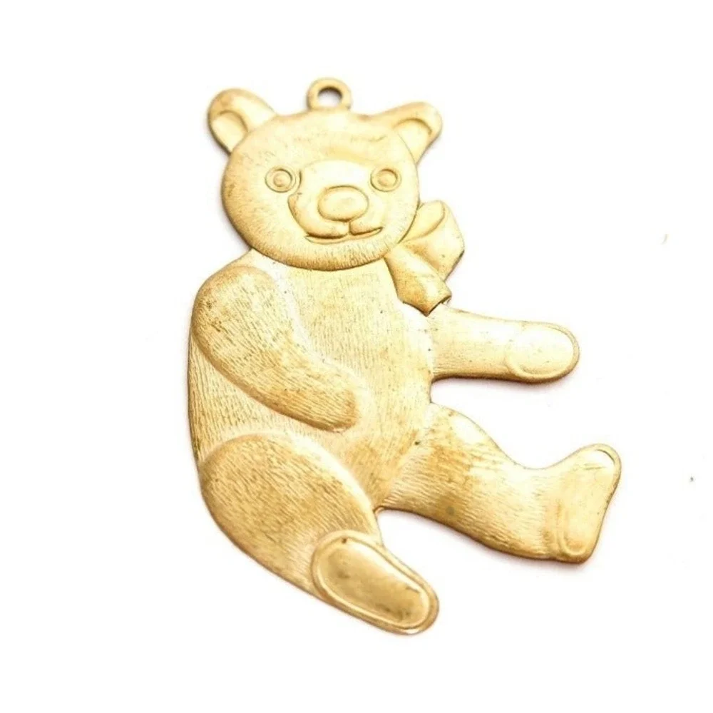 Vintage Gold Tone Teddy Bear Charm Pendant Embossed Textured Metal 2 Inch‎